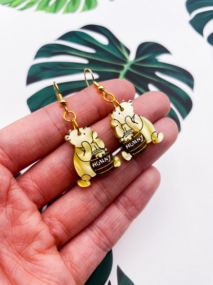 Medium Yellow Winnie the Pooh with Brown Hunny Pot Acrylic Dangle Earrings or Necklace – Hypoallergenic Stainless Steel