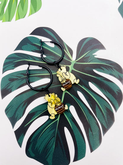 Medium Yellow Winnie the Pooh with Brown Hunny Pot Acrylic Dangle Earrings or Necklace – Hypoallergenic Stainless Steel