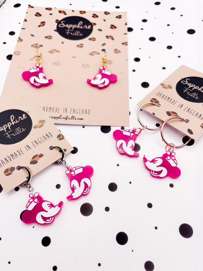 Medium Hot Pink Minnie Mouse Acrylic Dangle Earrings or Necklace – Hypoallergenic Stainless Steel