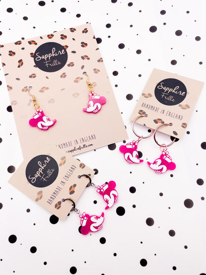 Medium Hot Pink Minnie Mouse Acrylic Dangle Earrings or Necklace – Hypoallergenic Stainless Steel