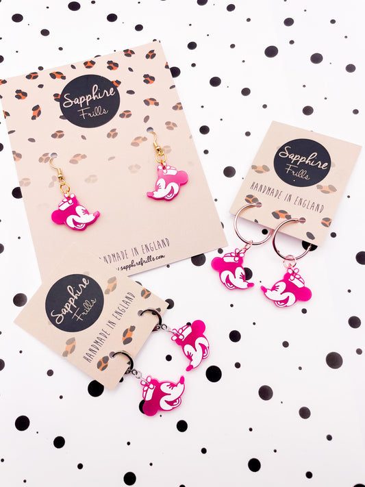 Medium Hot Pink Minnie Mouse Acrylic Dangle Earrings or Necklace – Hypoallergenic Stainless Steel