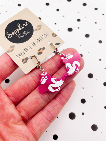 Medium Hot Pink Minnie Mouse Acrylic Dangle Earrings or Necklace – Hypoallergenic Stainless Steel