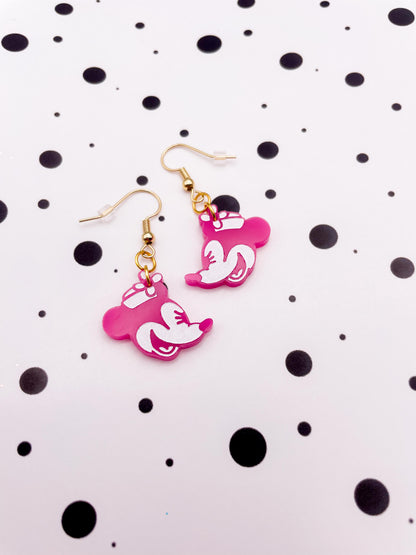 Medium Hot Pink Minnie Mouse Acrylic Dangle Earrings or Necklace – Hypoallergenic Stainless Steel