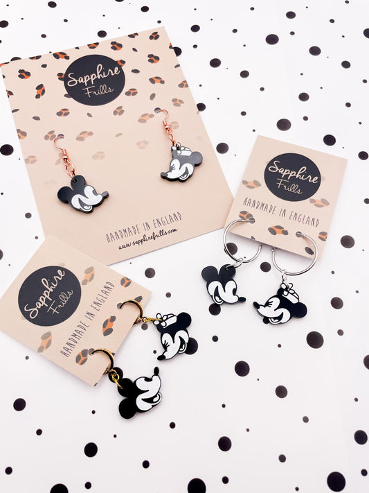 Medium Black and White Mismatch Mickey & Minnie Mouse Acrylic Dangle Earrings or Necklace – Hypoallergenic Stainless Steel