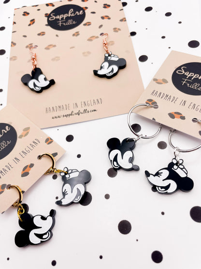 Medium Black and White Mismatch Mickey & Minnie Mouse Acrylic Dangle Earrings or Necklace – Hypoallergenic Stainless Steel