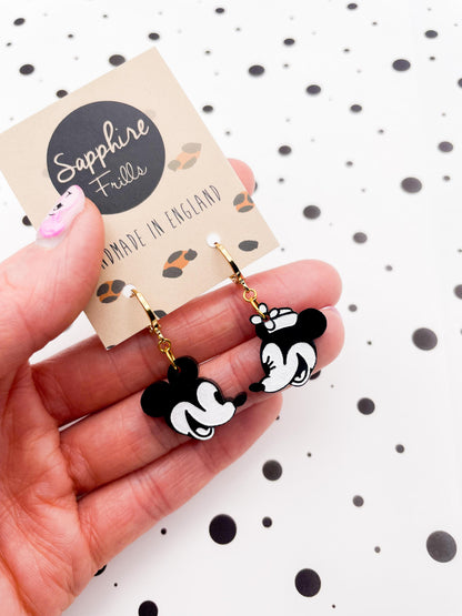 Medium Black and White Mismatch Mickey & Minnie Mouse Acrylic Dangle Earrings or Necklace – Hypoallergenic Stainless Steel