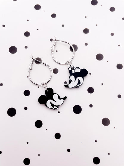 Medium Black and White Mismatch Mickey & Minnie Mouse Acrylic Dangle Earrings or Necklace – Hypoallergenic Stainless Steel