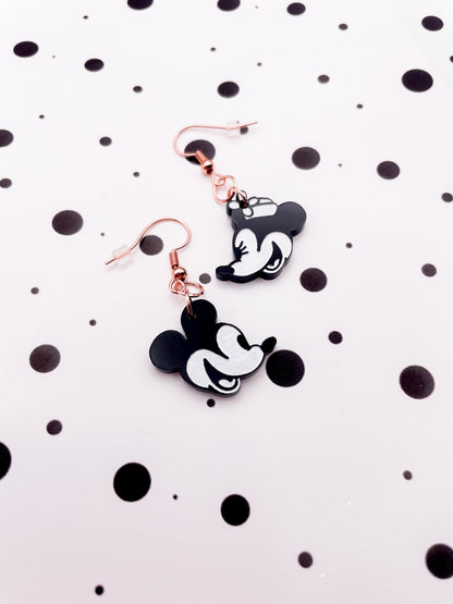 Medium Black and White Mismatch Mickey & Minnie Mouse Acrylic Dangle Earrings or Necklace – Hypoallergenic Stainless Steel