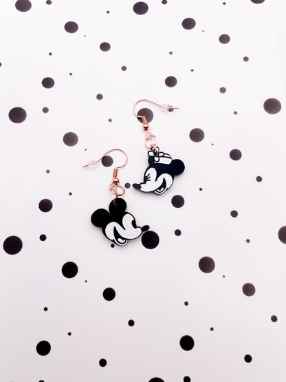 Medium Black and White Mismatch Mickey & Minnie Mouse Acrylic Dangle Earrings or Necklace – Hypoallergenic Stainless Steel