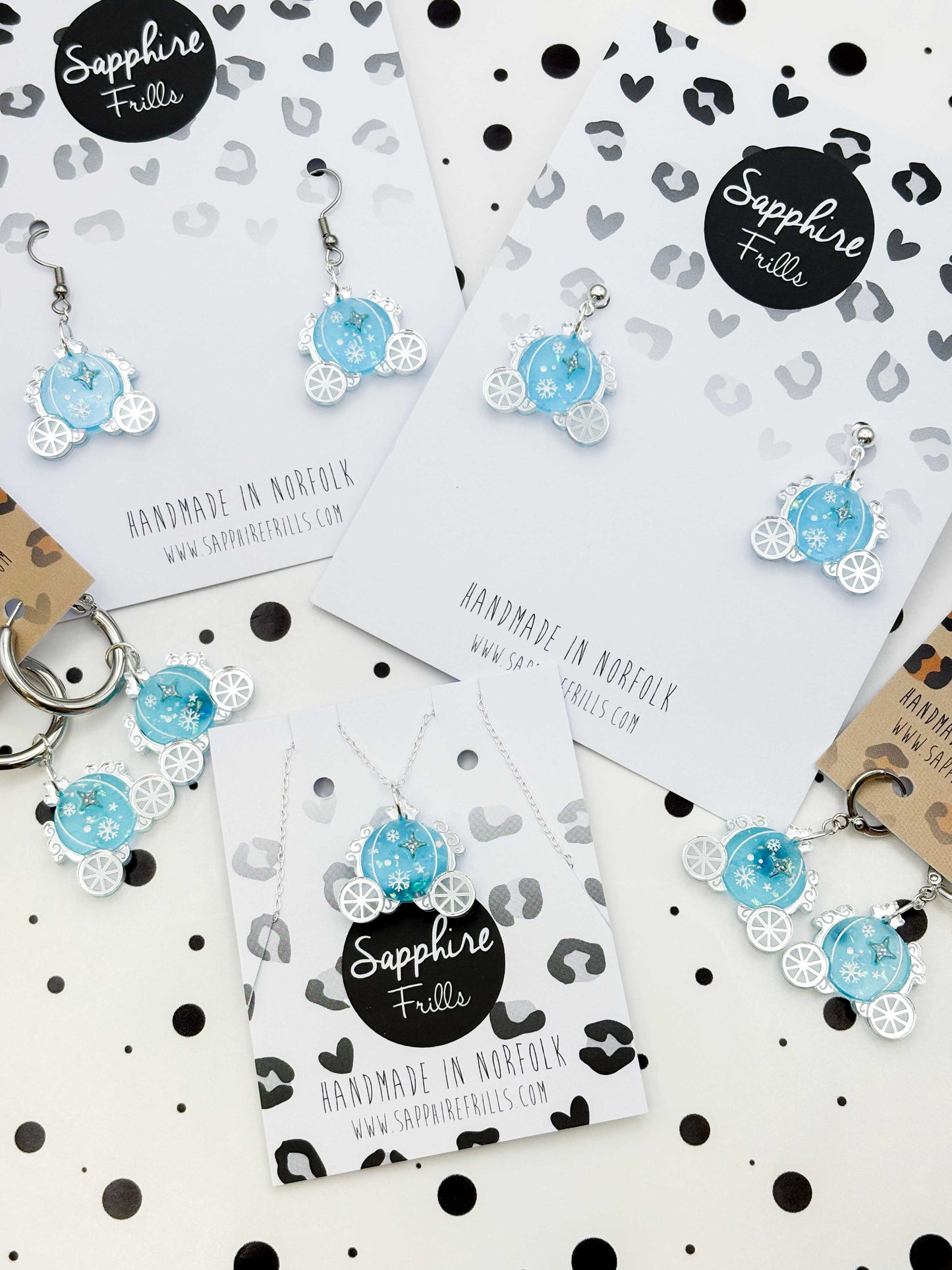 Medium Holographic Light Blue & Silver Princess Carriage Dangle Earrings or Necklace – Hypoallergenic Stainless Steel