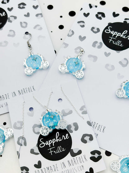 Medium Holographic Light Blue & Silver Princess Carriage Dangle Earrings or Necklace – Hypoallergenic Stainless Steel