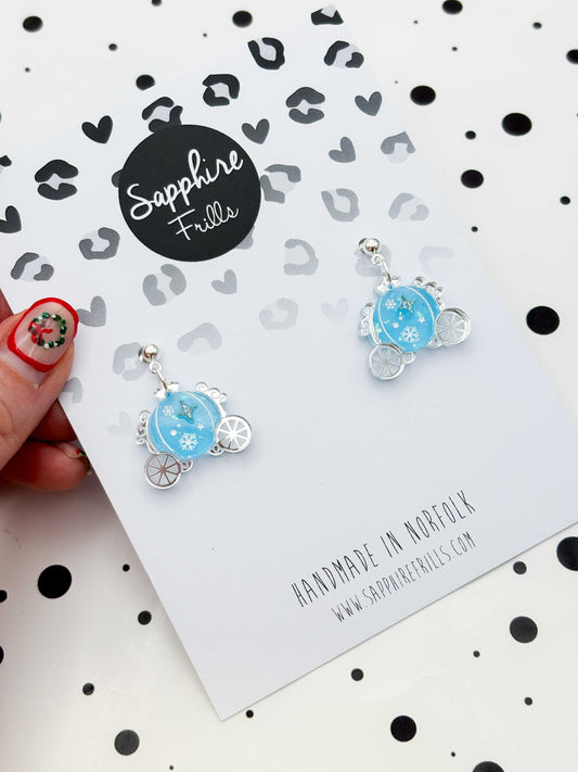Medium Holographic Light Blue & Silver Princess Carriage Dangle Earrings or Necklace – Hypoallergenic Stainless Steel