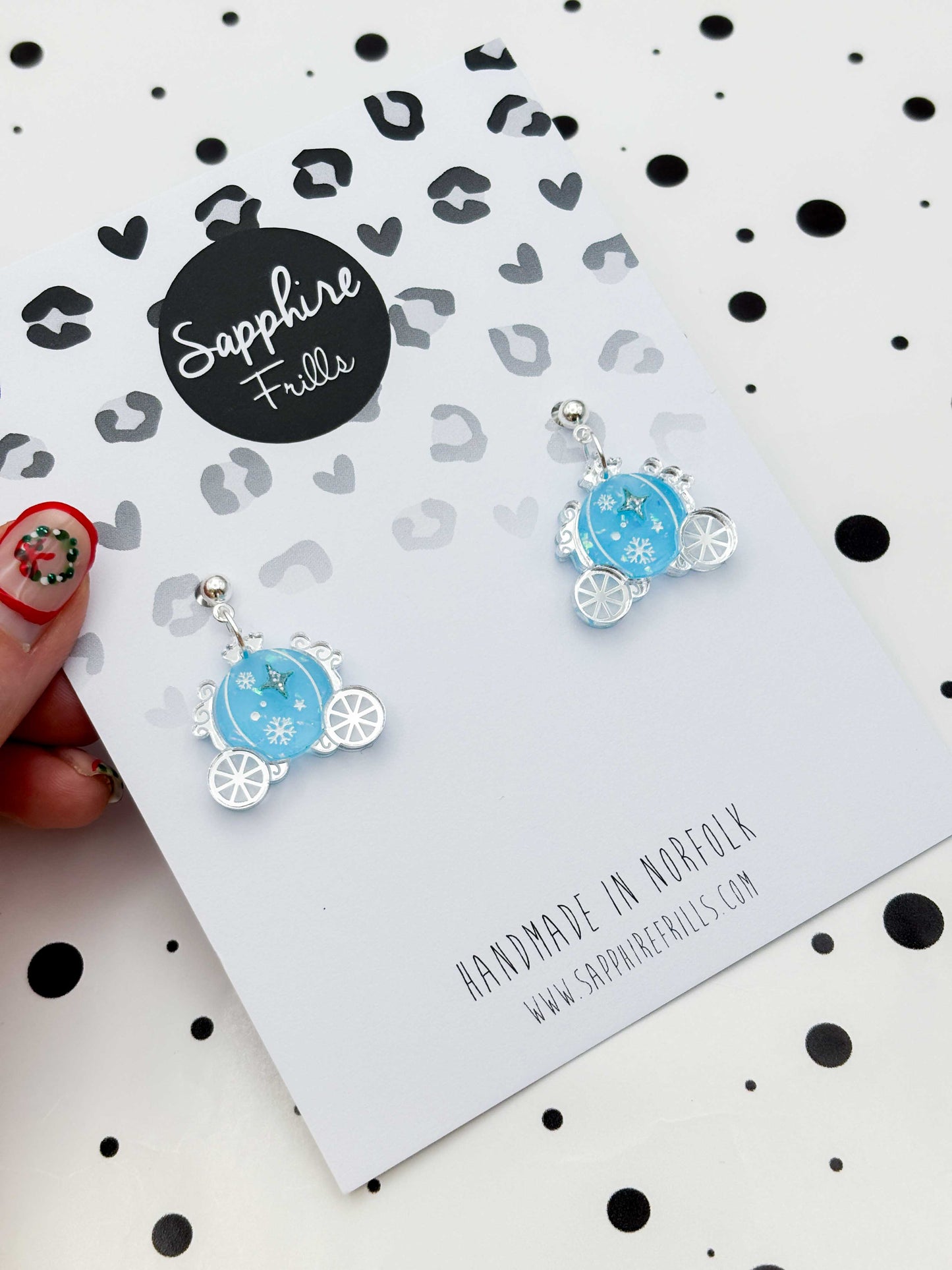 Medium Holographic Light Blue & Silver Princess Carriage Dangle Earrings or Necklace – Hypoallergenic Stainless Steel