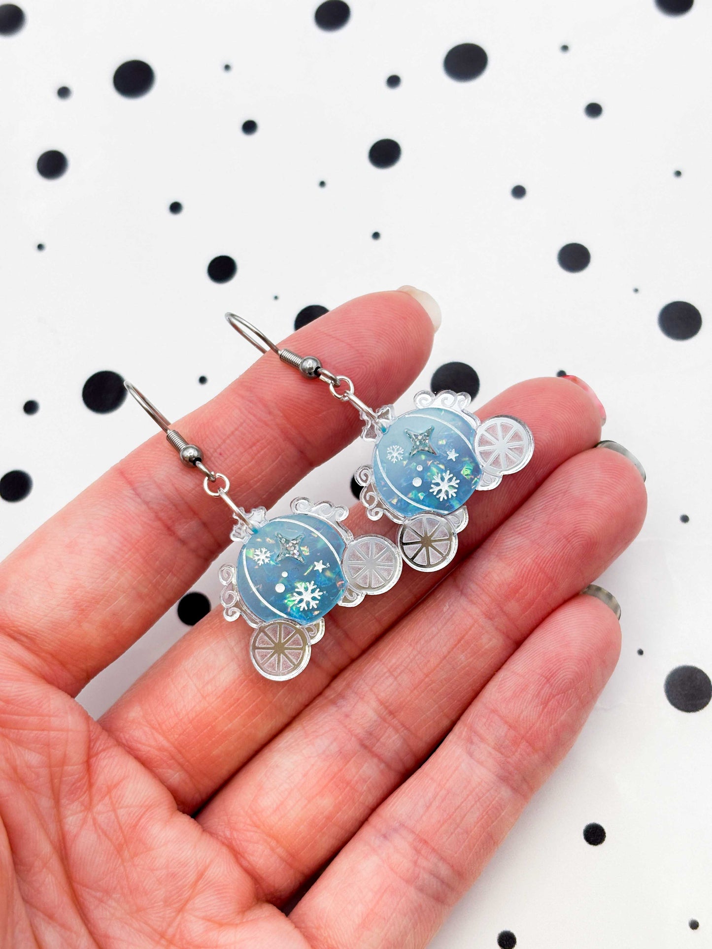 Medium Holographic Light Blue & Silver Princess Carriage Dangle Earrings or Necklace – Hypoallergenic Stainless Steel