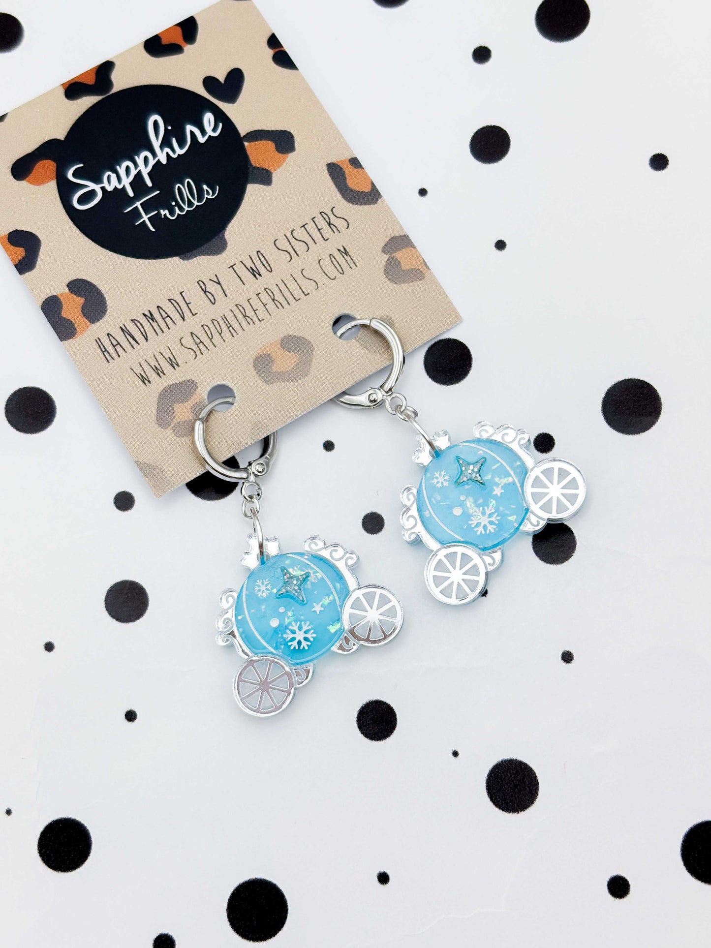 Medium Holographic Light Blue & Silver Princess Carriage Dangle Earrings or Necklace – Hypoallergenic Stainless Steel
