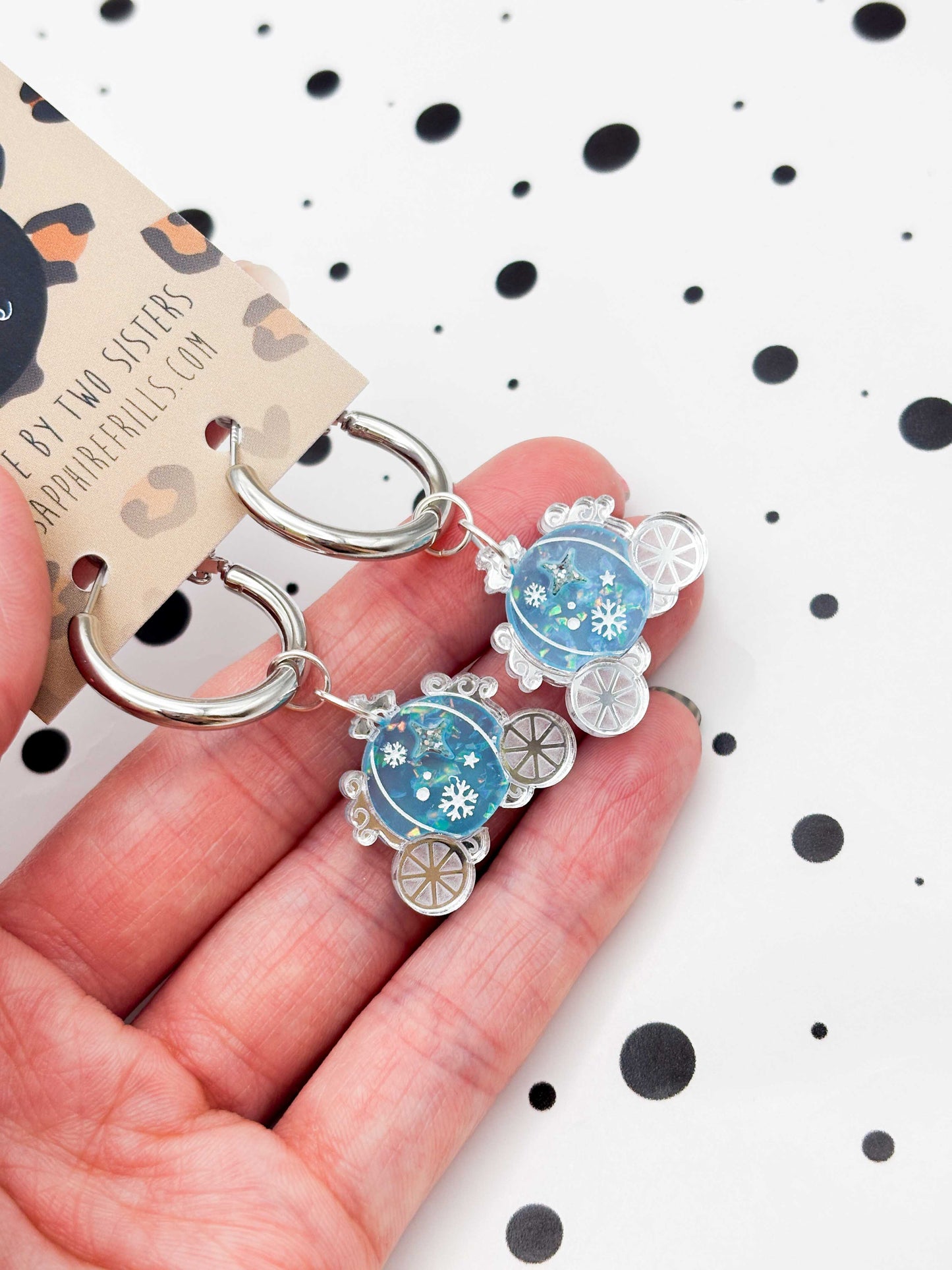 Medium Holographic Light Blue & Silver Princess Carriage Dangle Earrings or Necklace – Hypoallergenic Stainless Steel