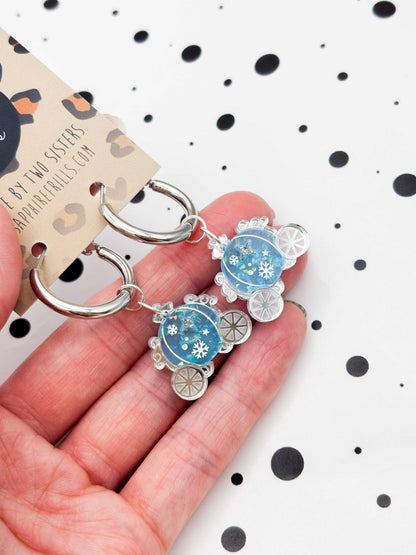 Medium Holographic Light Blue & Silver Princess Carriage Dangle Earrings or Necklace – Hypoallergenic Stainless Steel