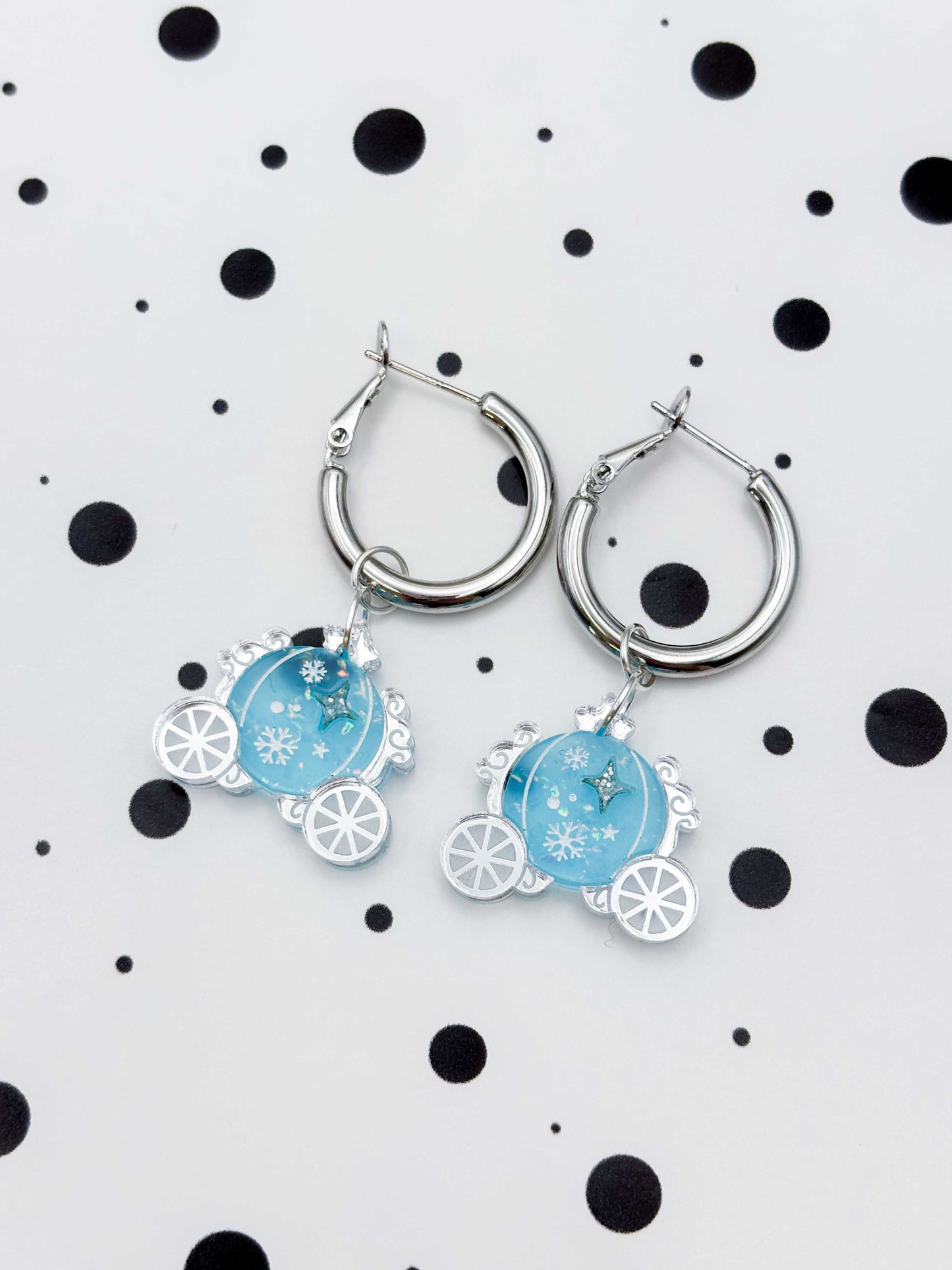 Medium Holographic Light Blue & Silver Princess Carriage Dangle Earrings or Necklace – Hypoallergenic Stainless Steel