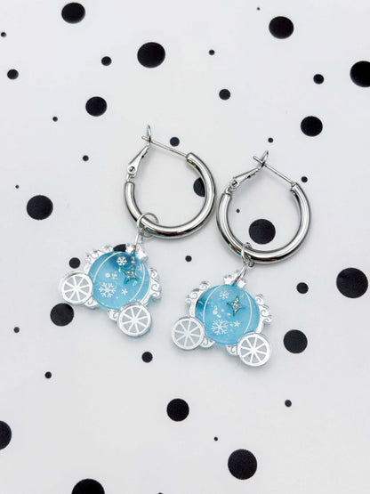 Medium Holographic Light Blue & Silver Princess Carriage Dangle Earrings or Necklace – Hypoallergenic Stainless Steel