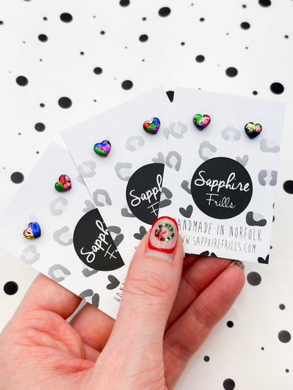 Micro Rainbow Foil Heart Stud Earrings – Hypoallergenic Stainless Steel