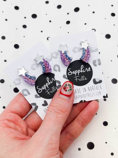 Small Pastel Lilac, Pink & Blue Glitter Shooting Star Studs – Hypoallergenic Stainless Steel
