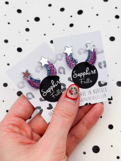 Small Pastel Lilac, Pink & Blue Glitter Shooting Star Studs – Hypoallergenic Stainless Steel