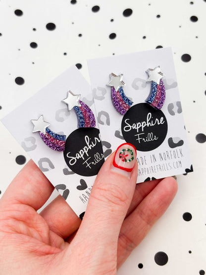 Small Pastel Lilac, Pink & Blue Glitter Shooting Star Studs – Hypoallergenic Stainless Steel