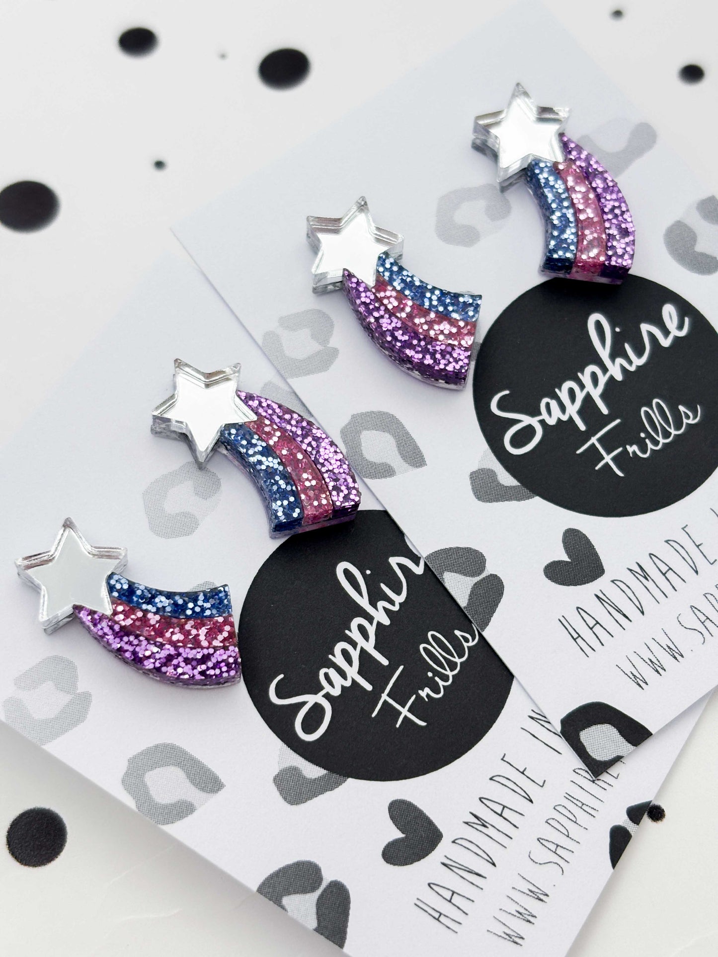Small Pastel Lilac, Pink & Blue Glitter Shooting Star Studs – Hypoallergenic Stainless Steel