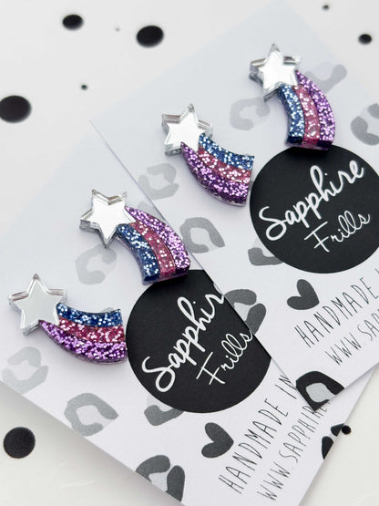 Small Pastel Lilac, Pink & Blue Glitter Shooting Star Studs – Hypoallergenic Stainless Steel