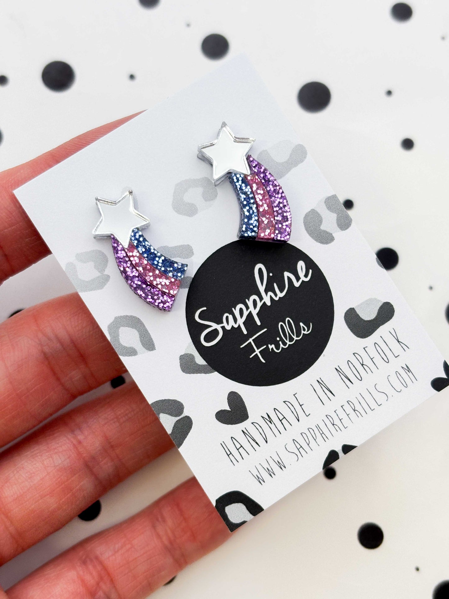 Small Pastel Lilac, Pink & Blue Glitter Shooting Star Studs – Hypoallergenic Stainless Steel