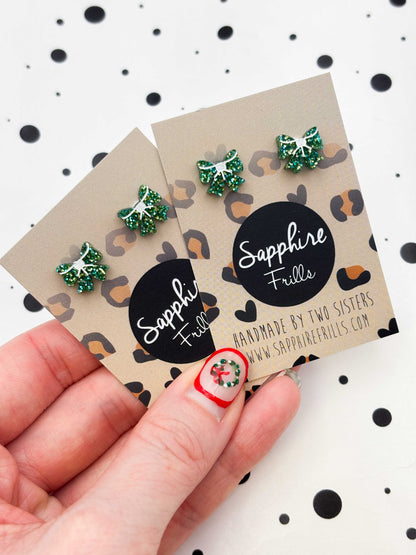 Mini Green Glitter Acrylic Bow Studs – Hypoallergenic Stainless Steel