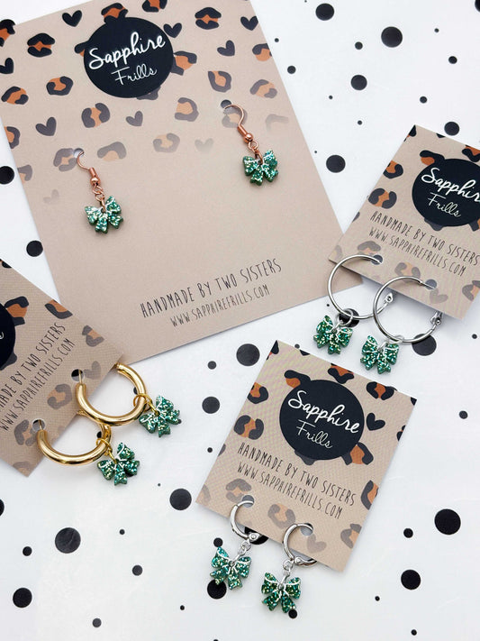 Mini Green Glitter Acrylic Bow Dangle Earrings or Necklace – Hypoallergenic Stainless Steel