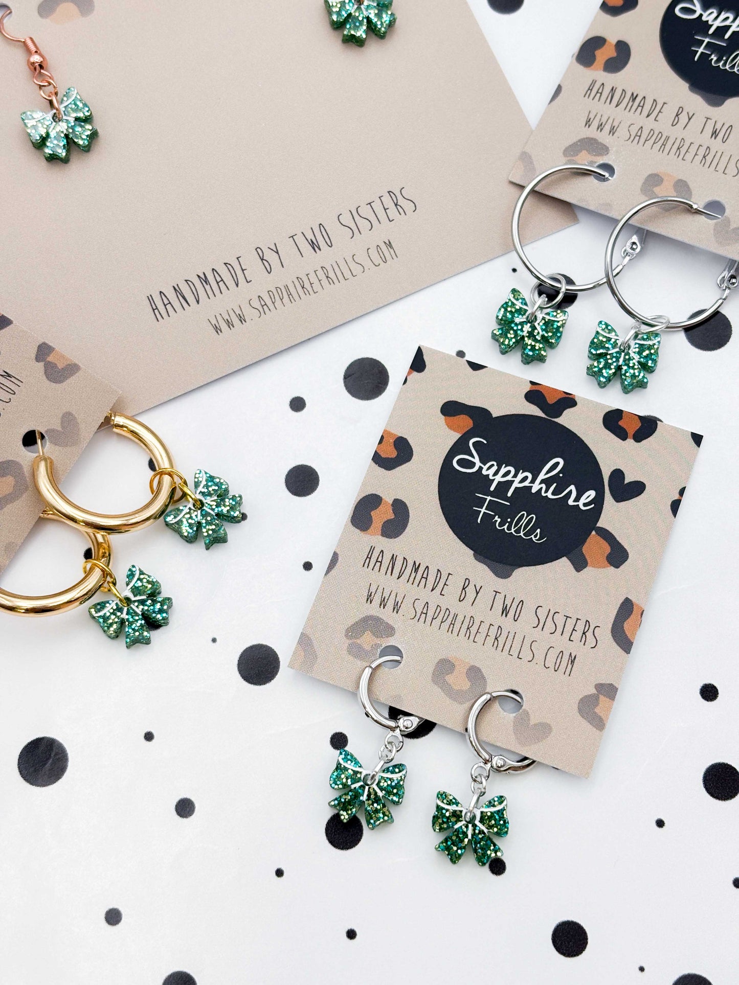 Mini Green Glitter Acrylic Bow Dangle Earrings or Necklace – Hypoallergenic Stainless Steel