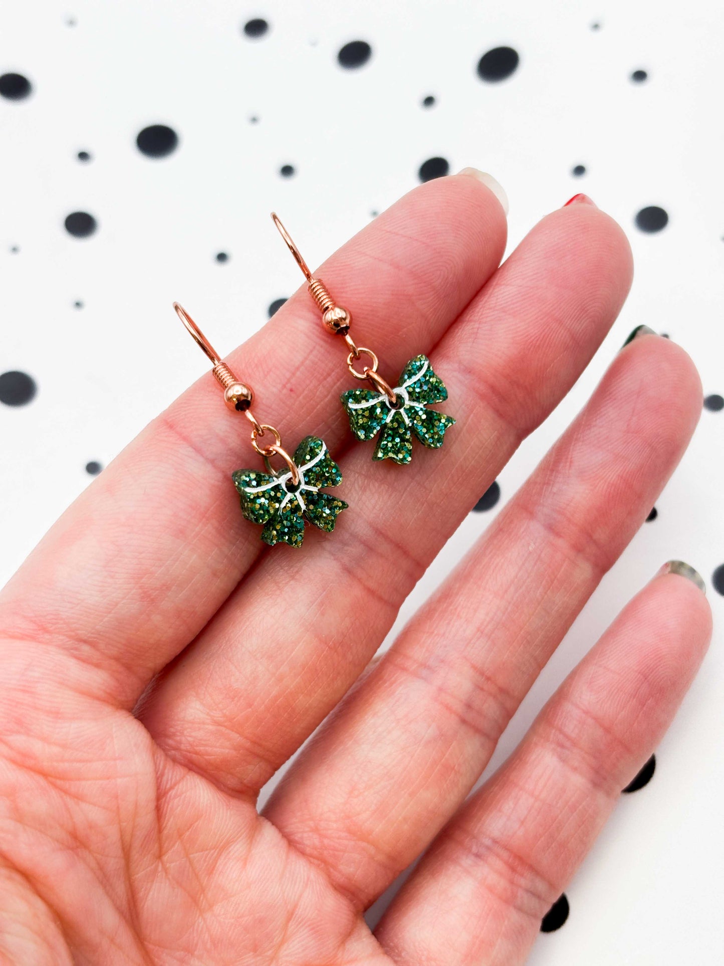Mini Green Glitter Acrylic Bow Dangle Earrings or Necklace – Hypoallergenic Stainless Steel