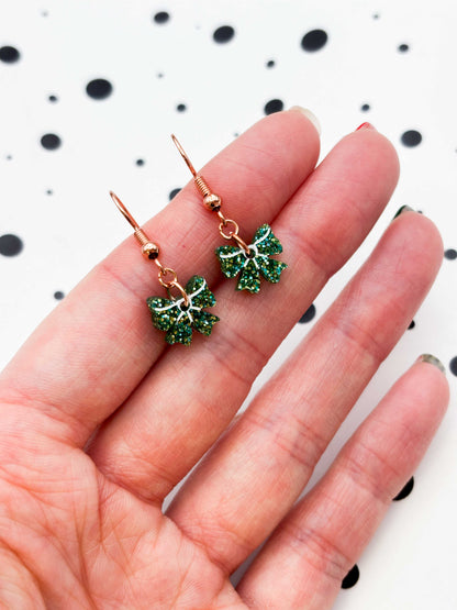 Mini Green Glitter Acrylic Bow Dangle Earrings or Necklace – Hypoallergenic Stainless Steel