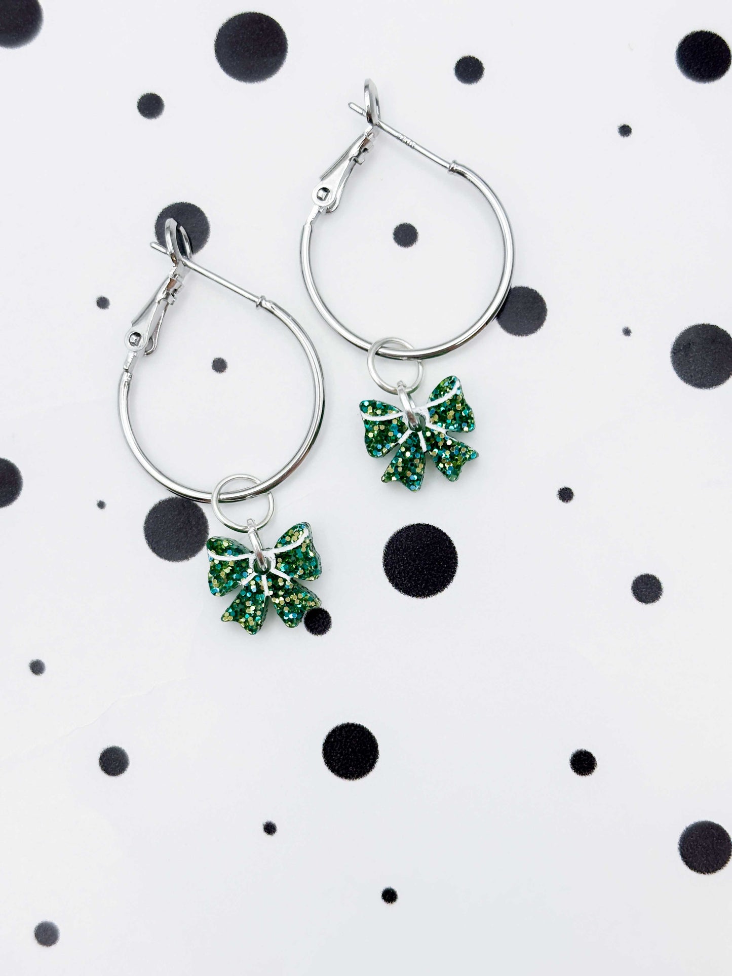 Mini Green Glitter Acrylic Bow Dangle Earrings or Necklace – Hypoallergenic Stainless Steel