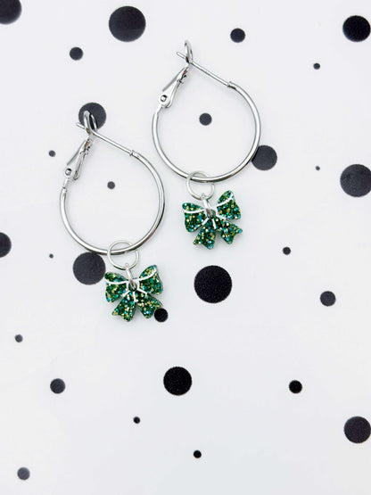 Mini Green Glitter Acrylic Bow Dangle Earrings or Necklace – Hypoallergenic Stainless Steel