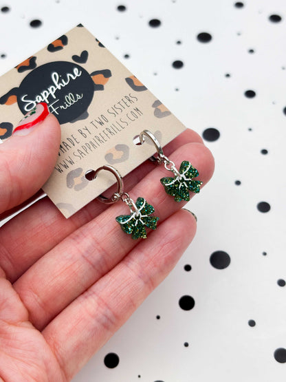 Mini Green Glitter Acrylic Bow Dangle Earrings or Necklace – Hypoallergenic Stainless Steel