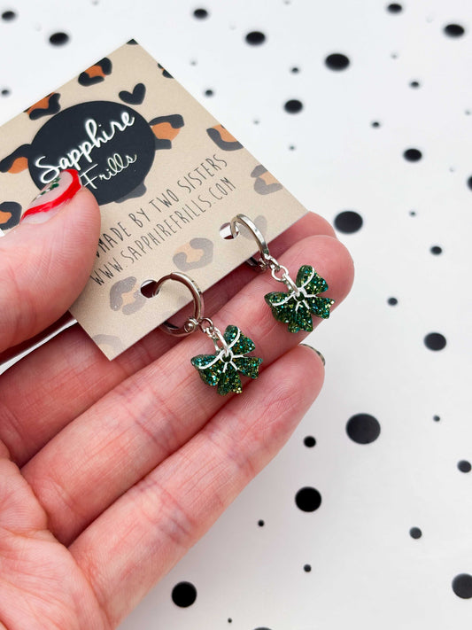 Mini Green Glitter Acrylic Bow Dangle Earrings or Necklace – Hypoallergenic Stainless Steel