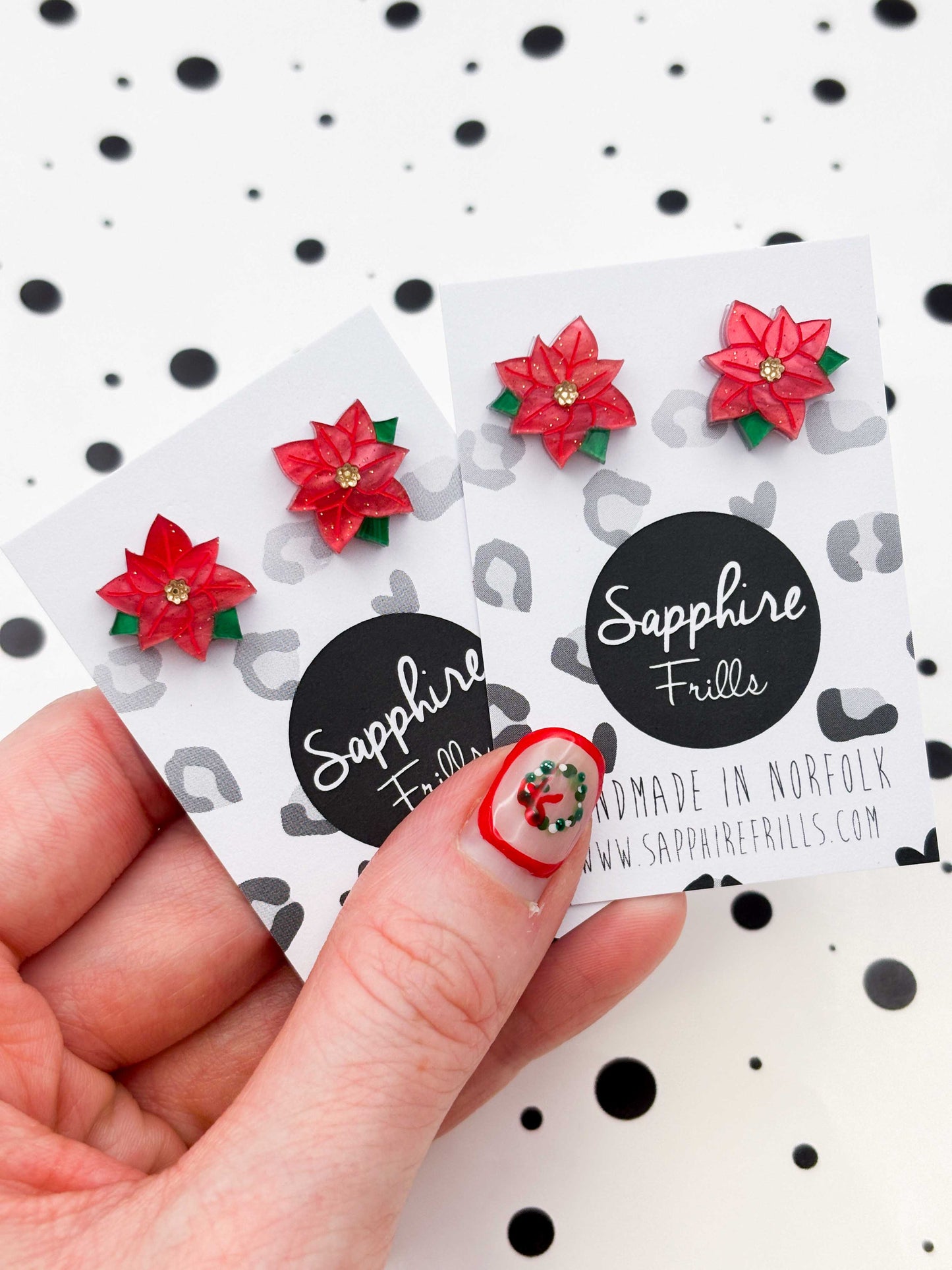 Small Red Glitter Marble Poinsettia Studs – Hypoallergenic Stainless Steel