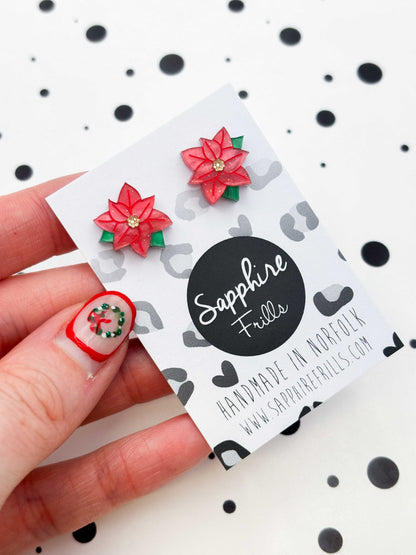Small Red Glitter Marble Poinsettia Studs – Hypoallergenic Stainless Steel