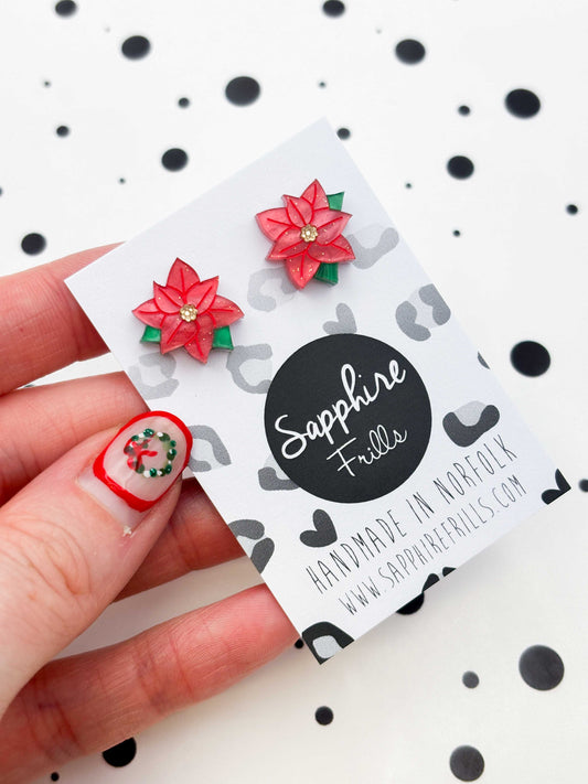 Small Red Glitter Marble Poinsettia Studs – Hypoallergenic Stainless Steel