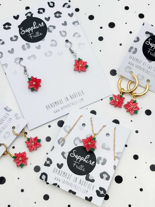 Small Red Glitter Marble Poinsettia Dangle Earrings or Necklace – Hypoallergenic Stainless Steel