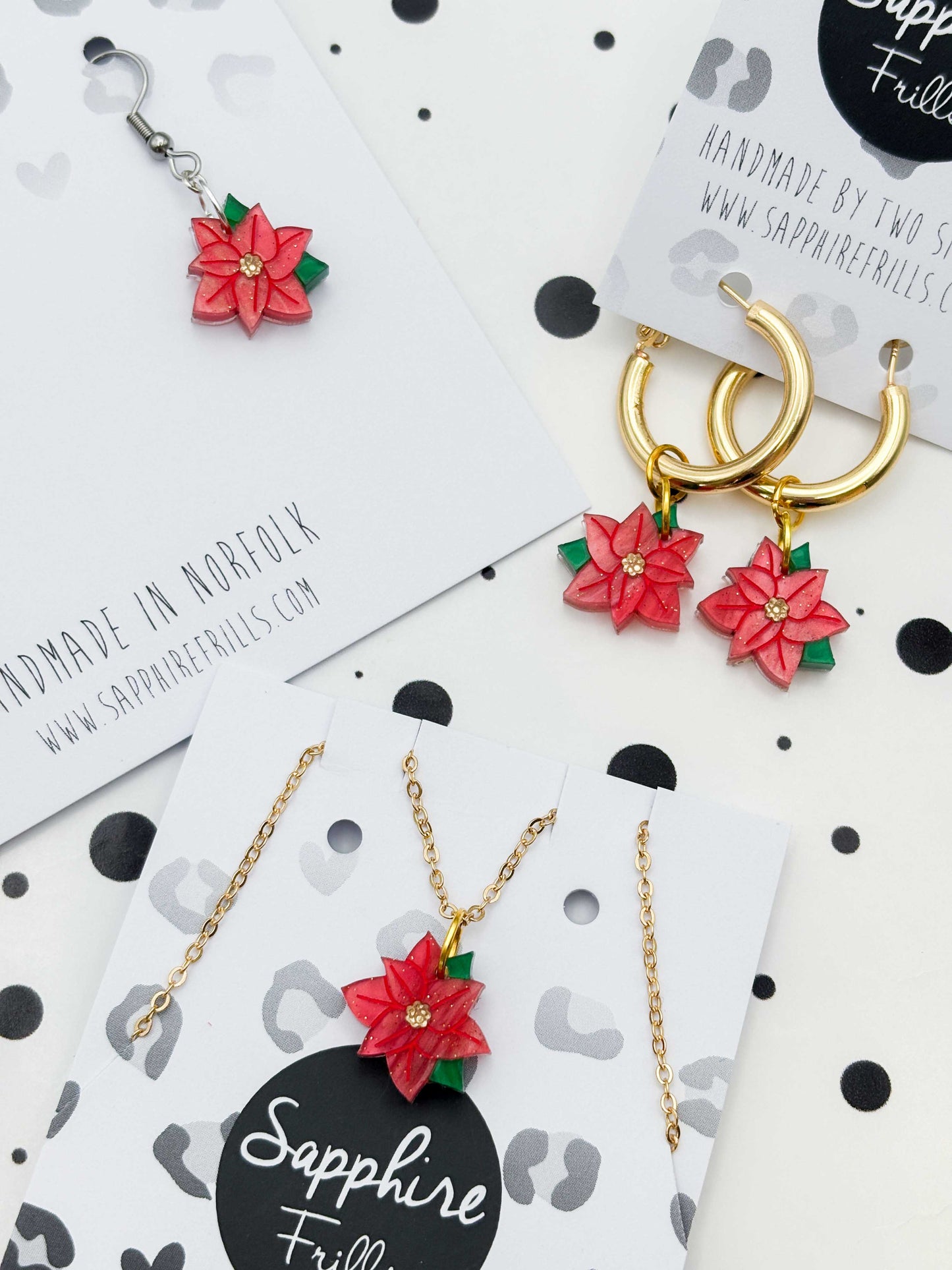 Small Red Glitter Marble Poinsettia Dangle Earrings or Necklace – Hypoallergenic Stainless Steel