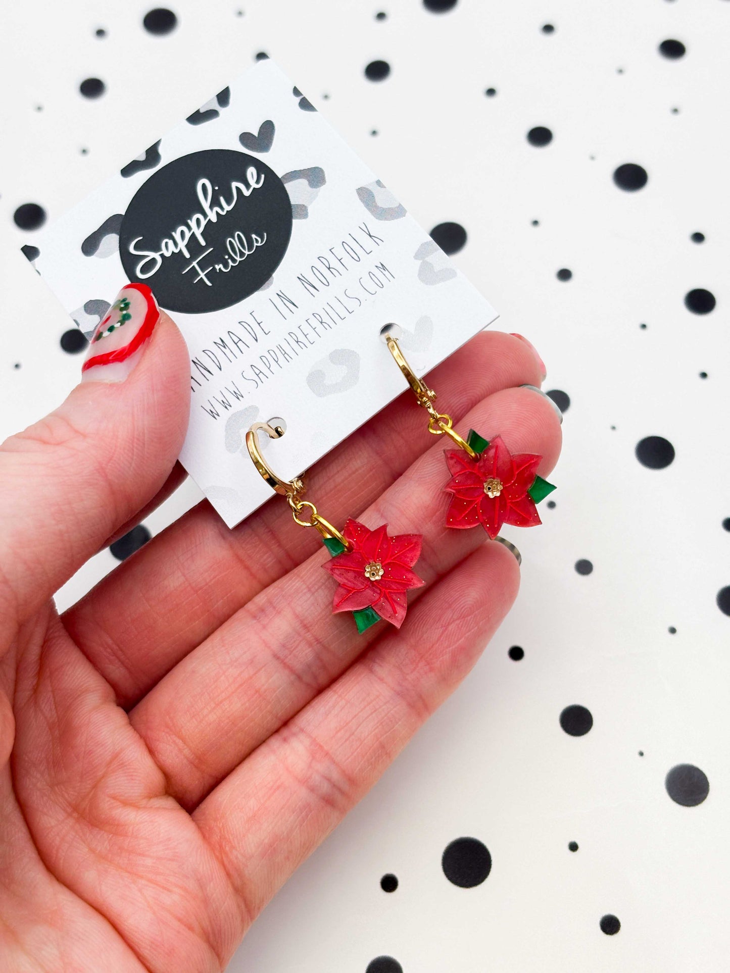Small Red Glitter Marble Poinsettia Dangle Earrings or Necklace – Hypoallergenic Stainless Steel