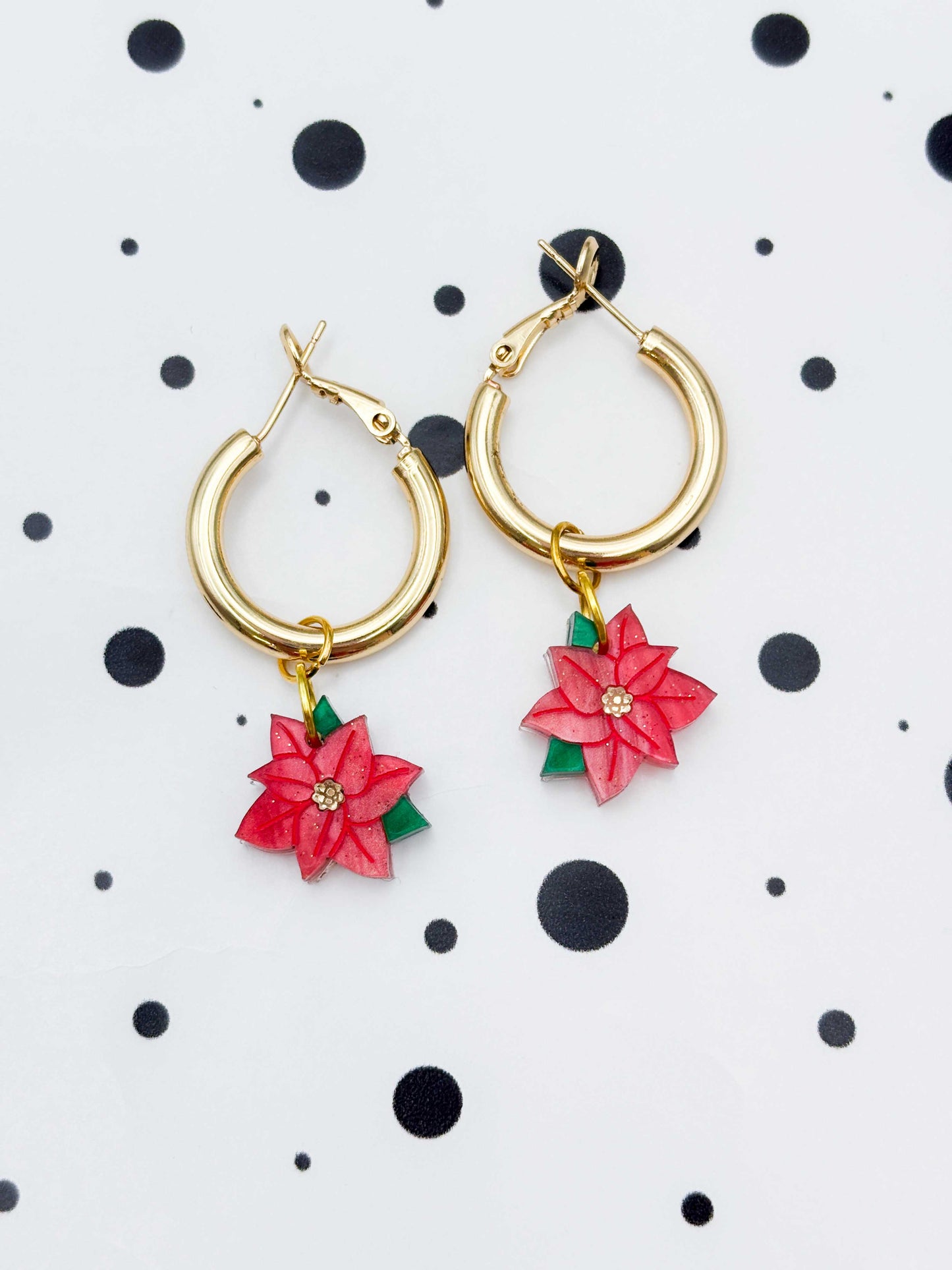 Small Red Glitter Marble Poinsettia Dangle Earrings or Necklace – Hypoallergenic Stainless Steel