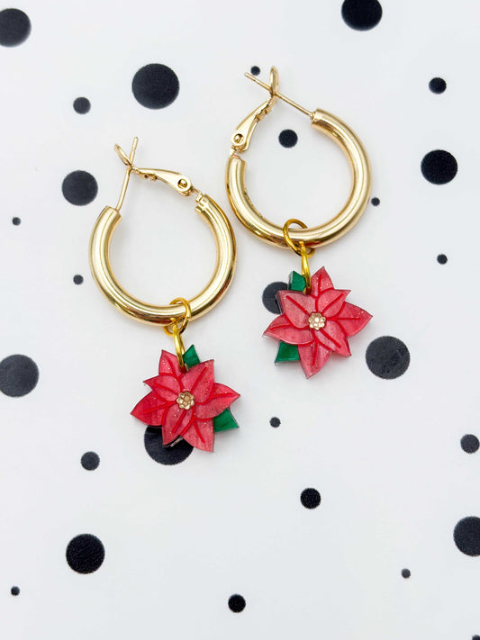 Small Red Glitter Marble Poinsettia Dangle Earrings or Necklace – Hypoallergenic Stainless Steel