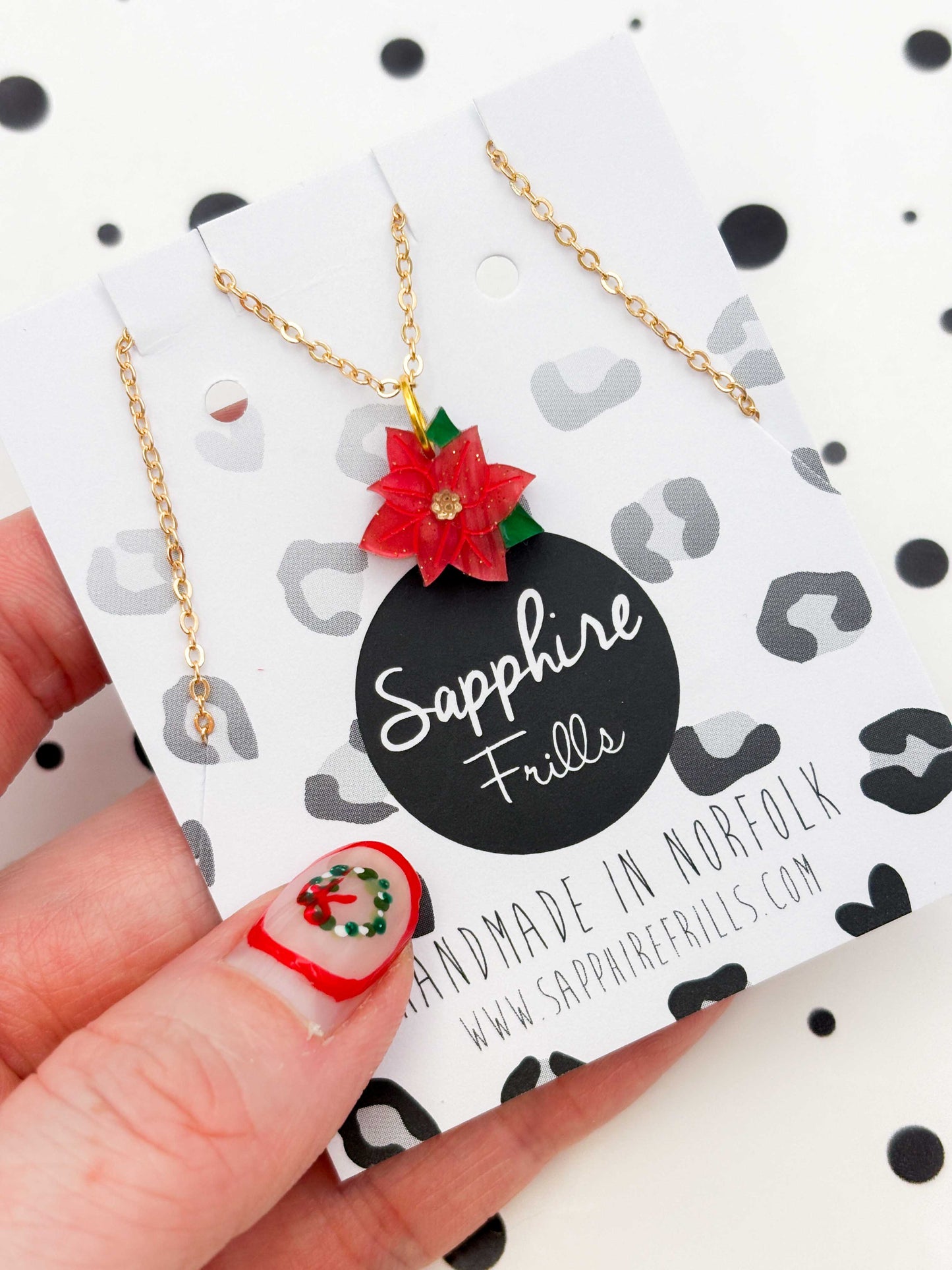 Small Red Glitter Marble Poinsettia Dangle Earrings or Necklace – Hypoallergenic Stainless Steel