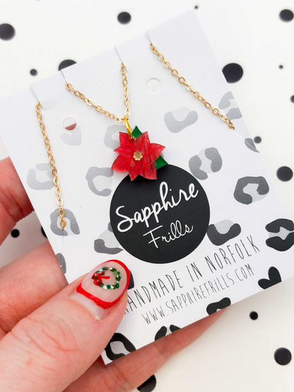 Small Red Glitter Marble Poinsettia Dangle Earrings or Necklace – Hypoallergenic Stainless Steel
