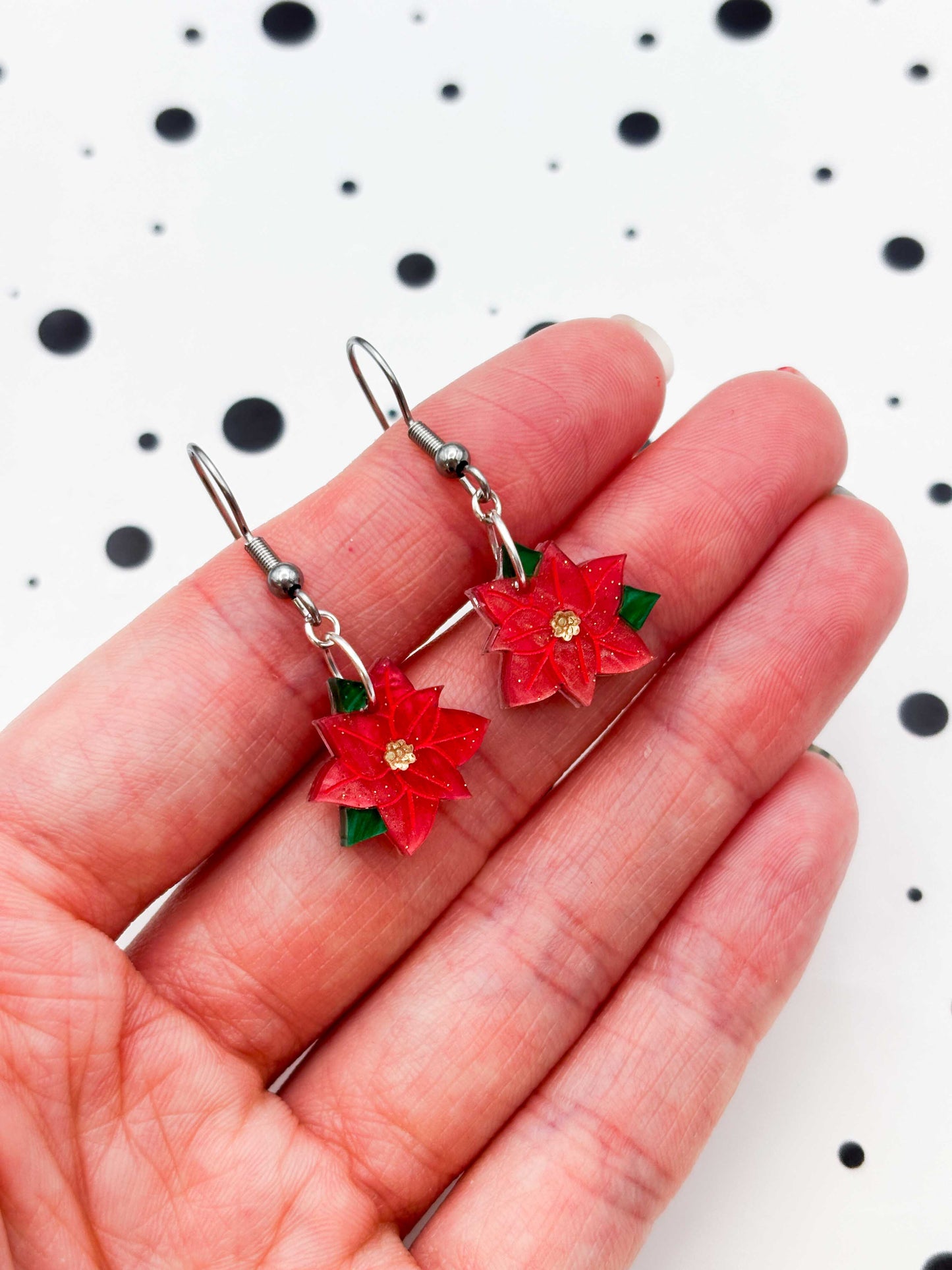 Small Red Glitter Marble Poinsettia Dangle Earrings or Necklace – Hypoallergenic Stainless Steel
